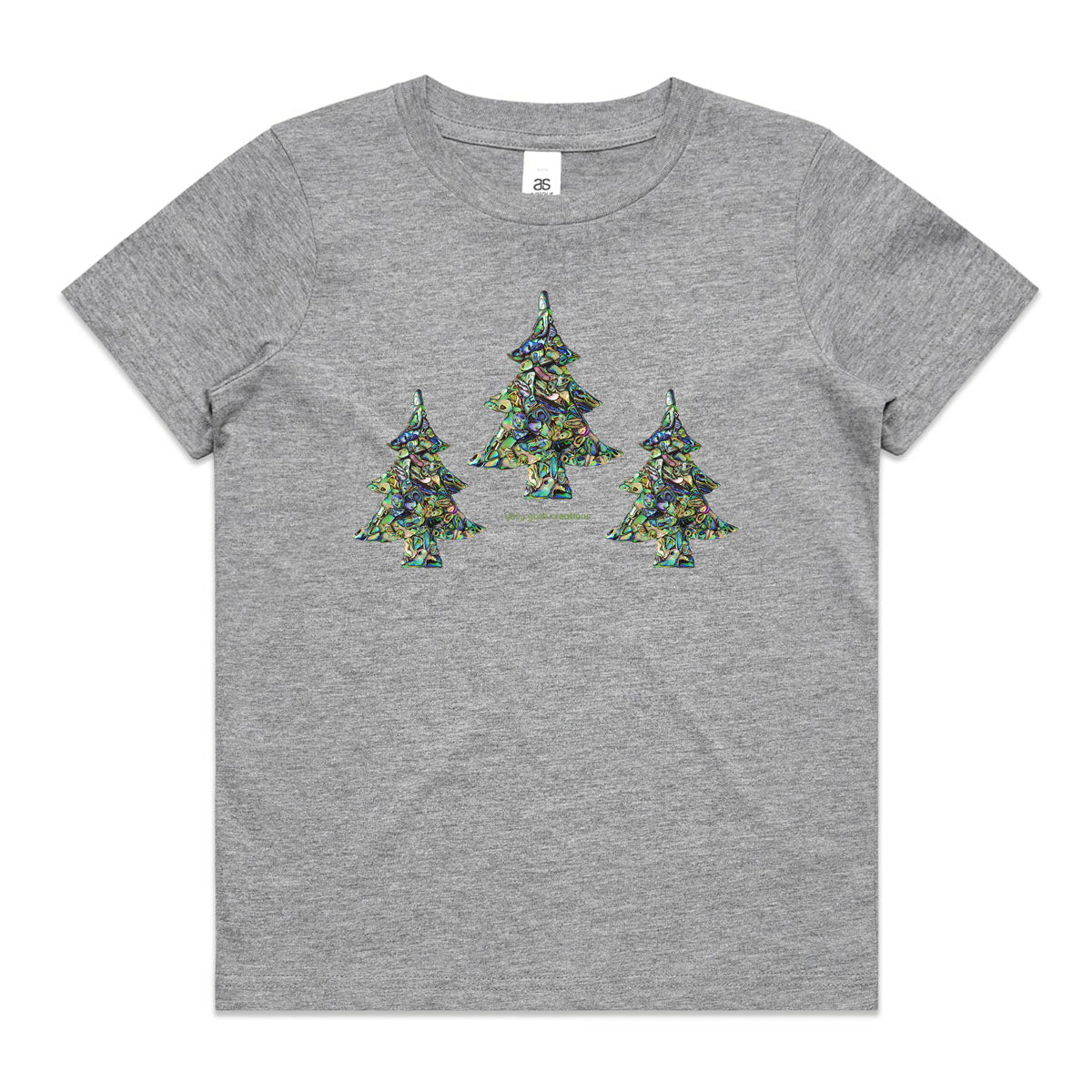 A grey Christmas paua trees kids tee shirt from Golly Gosh Creations. Size 2 - 16 years. Handcrafted from sparkling paua shells. A quality cotton garment.