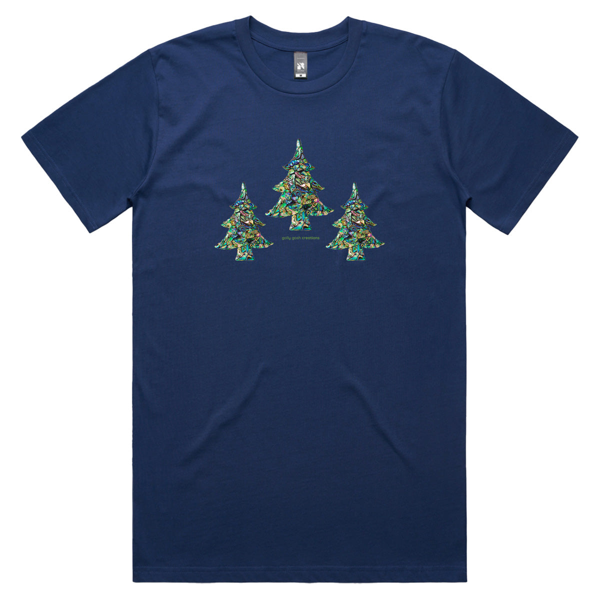 A Christmas paua trees men's tee shirt from Golly Gosh Creations. Crafted from iridescent paua shells. Sizes S - 5XL. A quality cotton dark blue tee shirt.