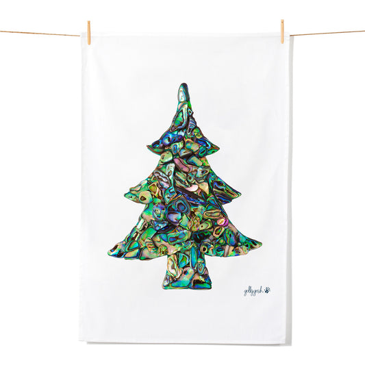 A christmas tree shape created frompapu shell pieces. A quality cotton tea towel from Golly Gosh Creations.