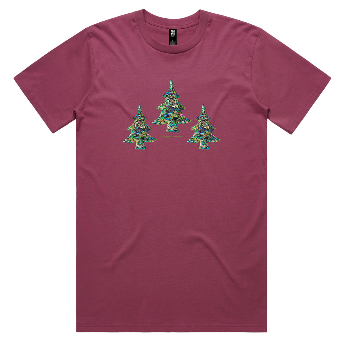 A Christmas paua trees men's tee shirt from Golly Gosh Creations. Crafted from iridescent paua shells. Sizes S - 5XL. A quality cotton berry coloured tee shirt.