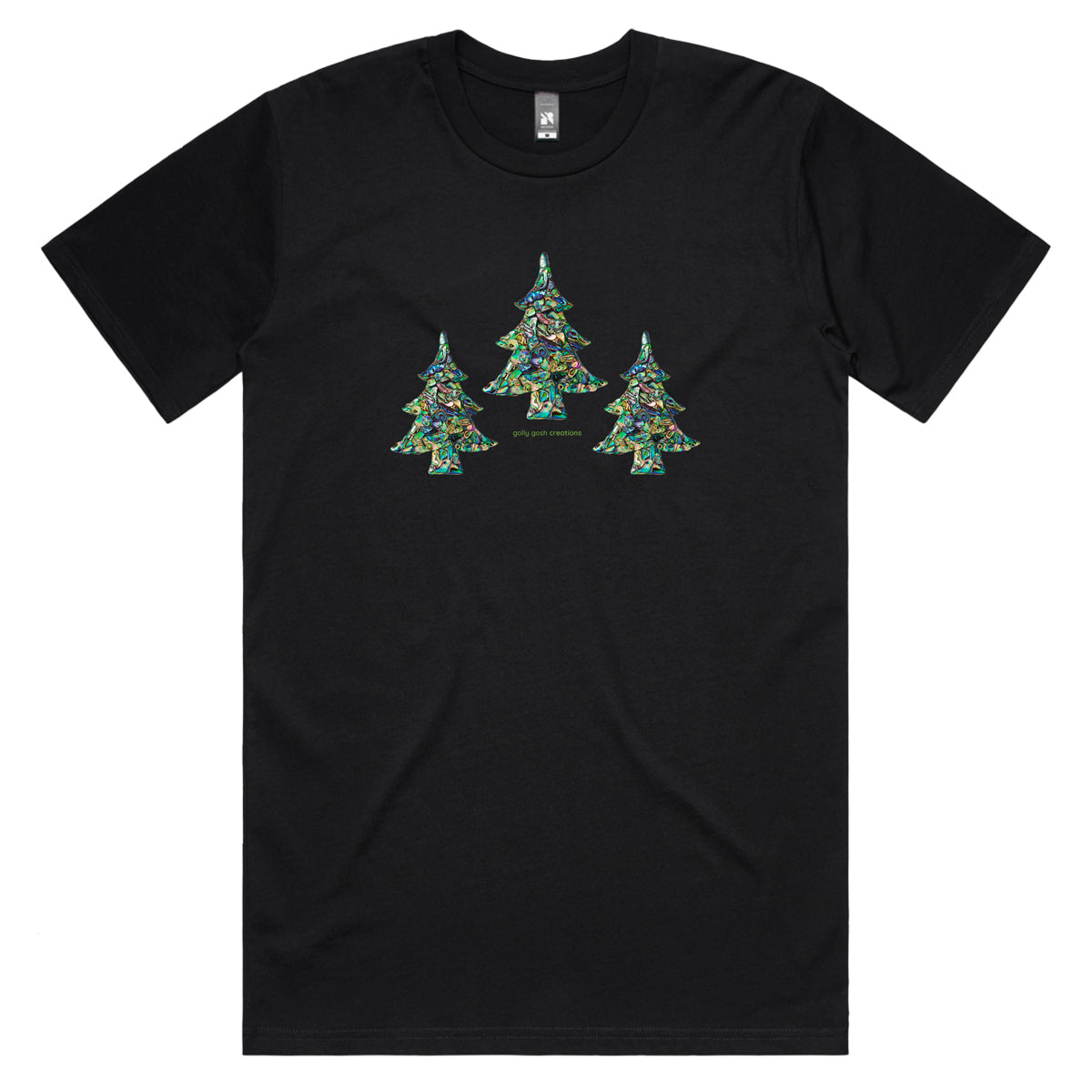 A Christmas paua trees men's tee shirt from Golly Gosh Creations. Crafted from iridescent paua shells. Sizes S - 5XL. A quality black tee shirt.