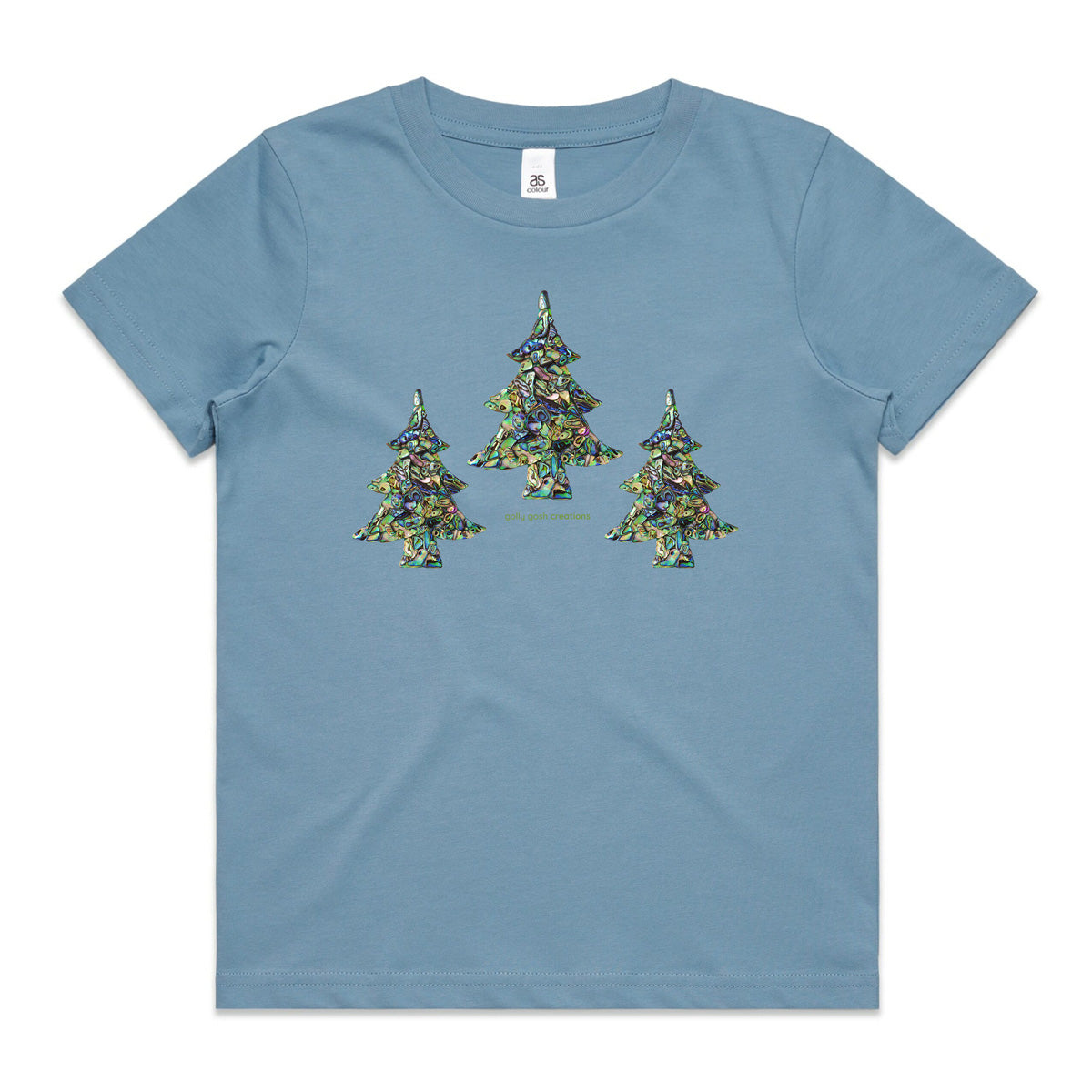 A soft blue Christmas paua trees kids tee shirt from Golly Gosh Creations. Size 2 - 16 years. Handcrafted from sparkling paua shells. A quality cotton garment.