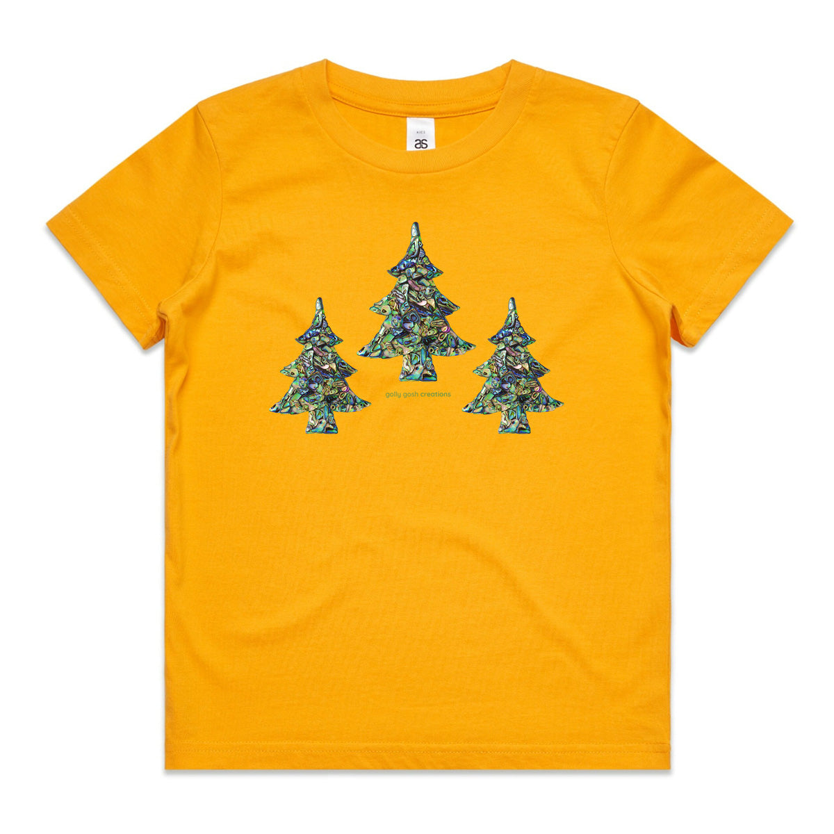 A yellow Christmas paua trees kids tee shirt from Golly Gosh Creations. Size 2 - 16 years. Handcrafted from sparkling paua shells. A quality cotton garment.