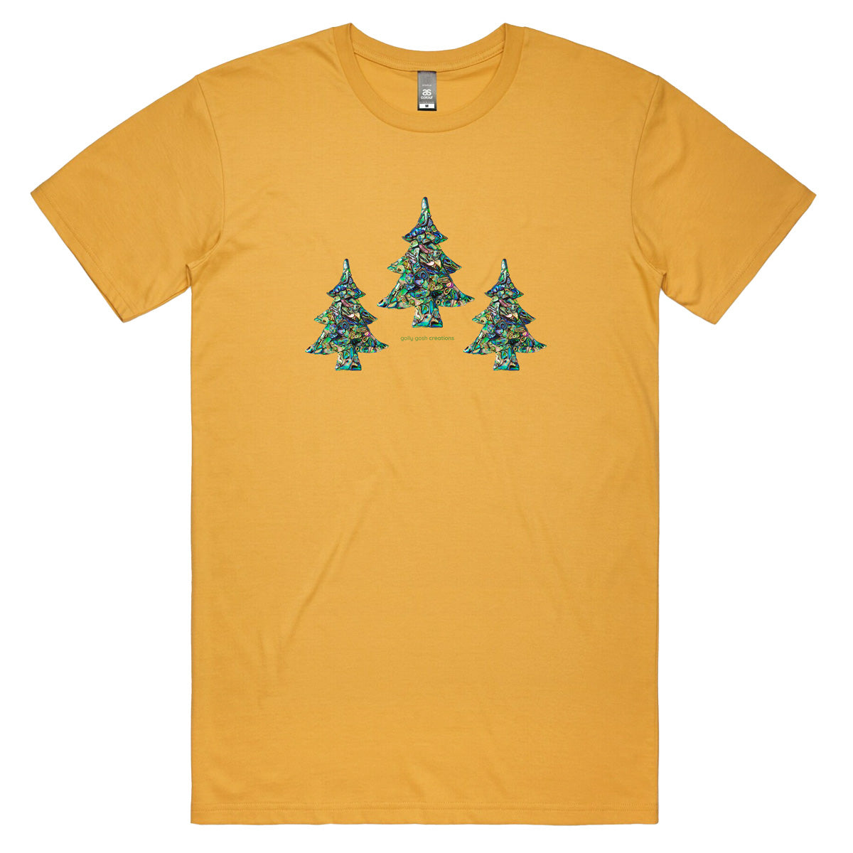 A Christmas paua trees men's tee shirt from Golly Gosh Creations. Crafted from iridescent paua shells. Sizes S - 5XL. A quality cotton mustard coloured tee shirt.