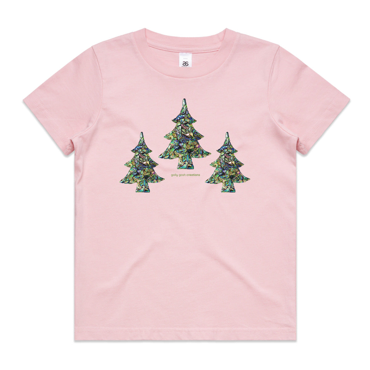 A soft pink Christmas paua trees kids tee shirt from Golly Gosh Creations. Size 2 - 16 years. Handcrafted from sparkling paua shells. A quality cotton garment.