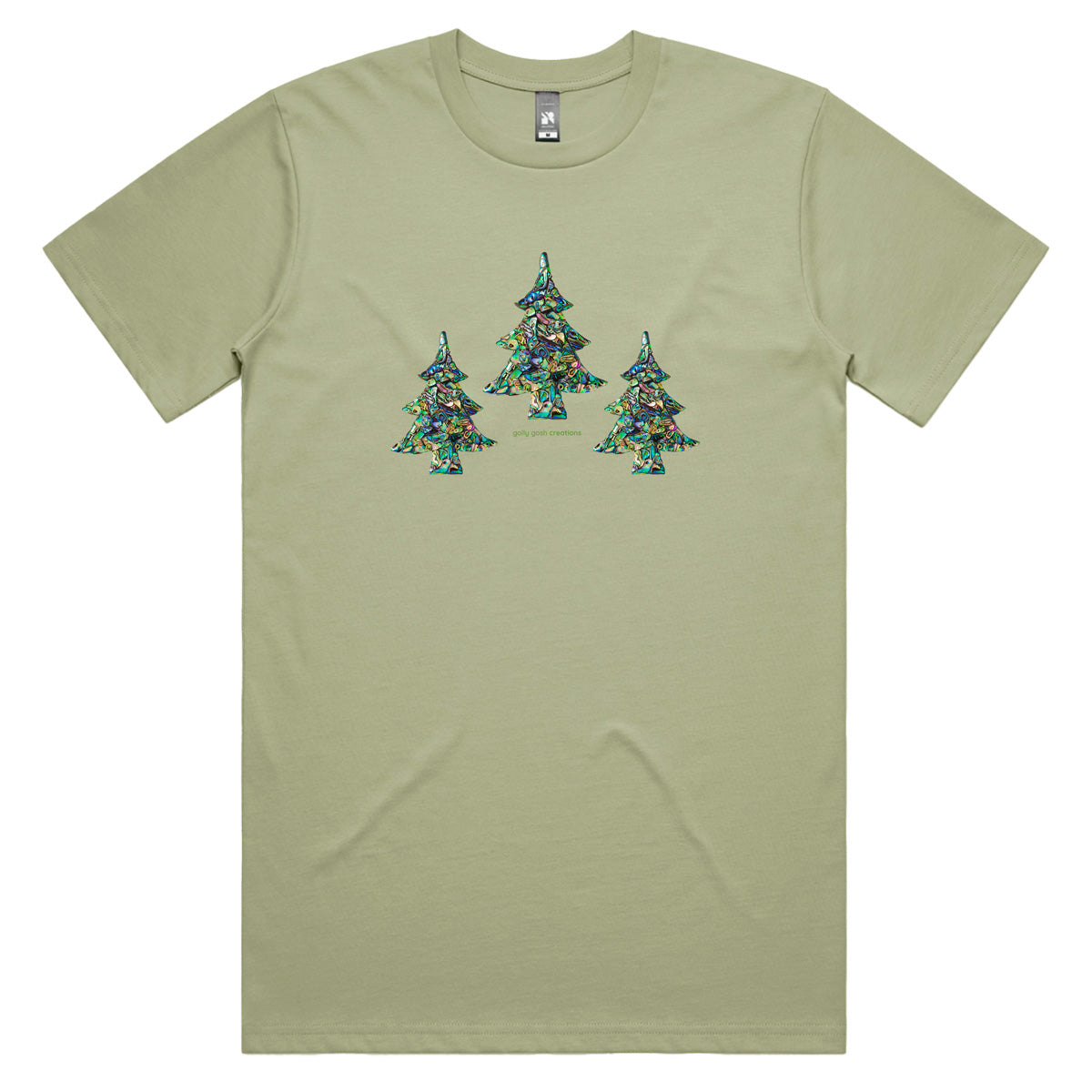 A Christmas paua trees men's tee shirt from Golly Gosh Creations. Crafted from iridescent paua shells. Sizes S - 5XL. A quality cotton pistachio coloured tee shirt.