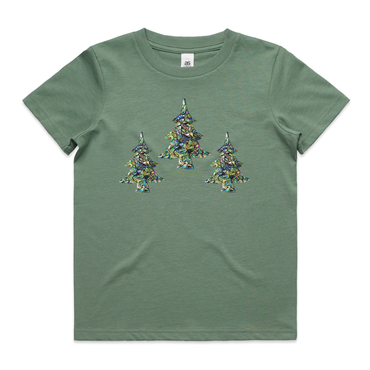 A sage Christmas paua trees kids tee shirt from Golly Gosh Creations. Size 2 - 16 years. Handcrafted from sparkling paua shells. A quality cotton garment.