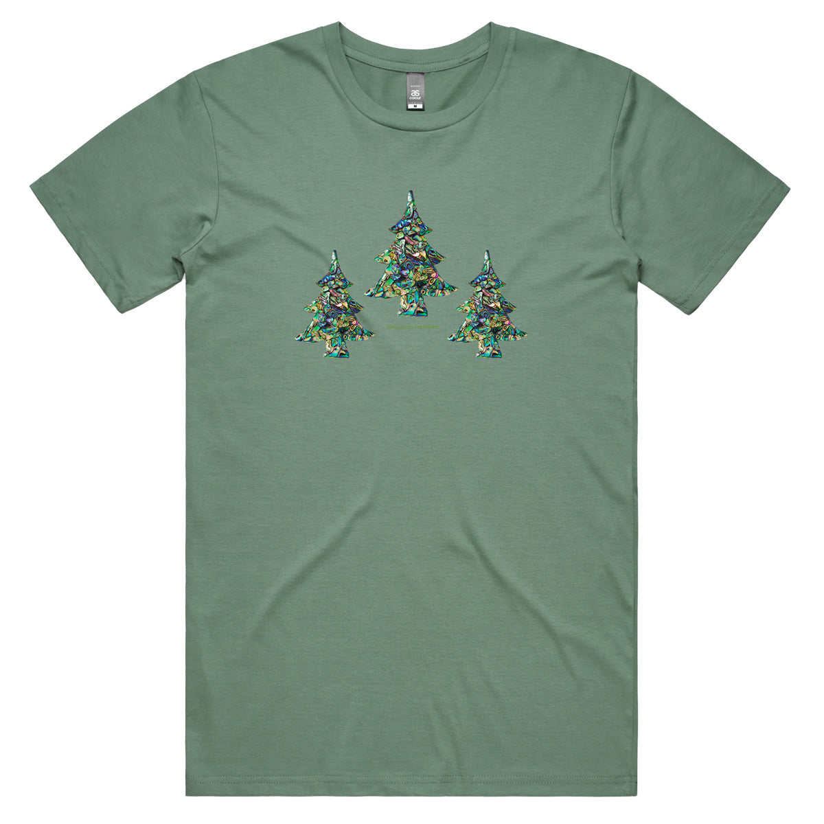 A Christmas paua trees men's tee shirt from Golly Gosh Creations. Crafted from iridescent paua shells. Sizes S - 5XL. A quality cotton sage coloured tee shirt.