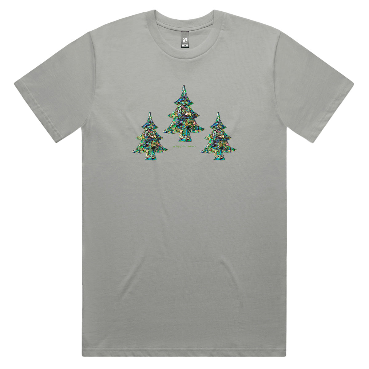 A Christmas paua trees men's tee shirt from Golly Gosh Creations. Crafted from iridescent paua shells. Sizes S - 5XL. A quality cotton grey tee shirt.