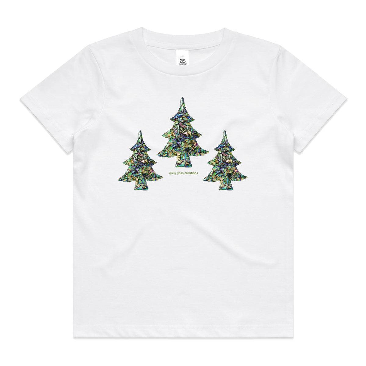 A white Christmas paua trees kids tee shirt from Golly Gosh Creations. Size 2 - 16 years. Handcrafted from sparkling paua shells. A quality cotton garment.