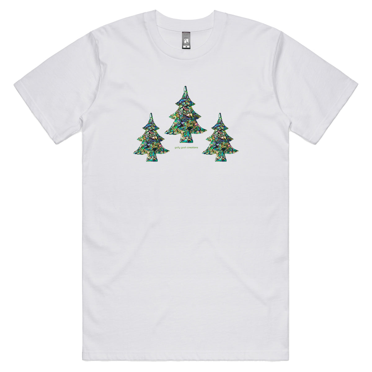 A Christmas paua trees men's tee shirt from Golly Gosh Creations. Crafted from iridescent paua shells. Sizes S - 5XL. A quality cotton white tee shirt.