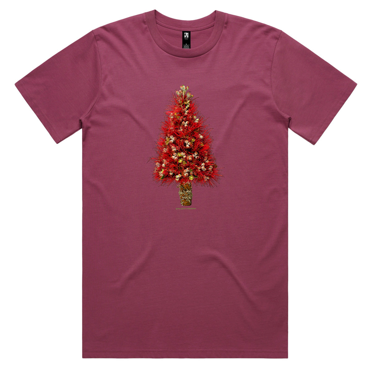 A Christmas pohutukawa berry coloured men's tee shirt from Golly Gosh Creations. Handcrafted from the iconic NZ flowering tree. Sizes XS - 2XL. Quality cotton.