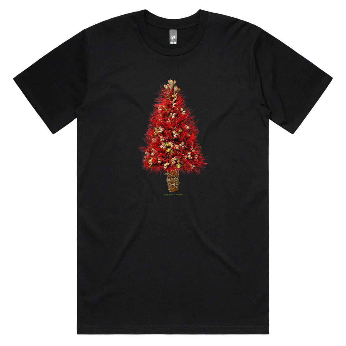 A Christmas pohutukawa black men's tee shirt from Golly Gosh Creations. Handcrafted from the iconic NZ flowering tree. Sizes XS - 2XL. Quality cotton.