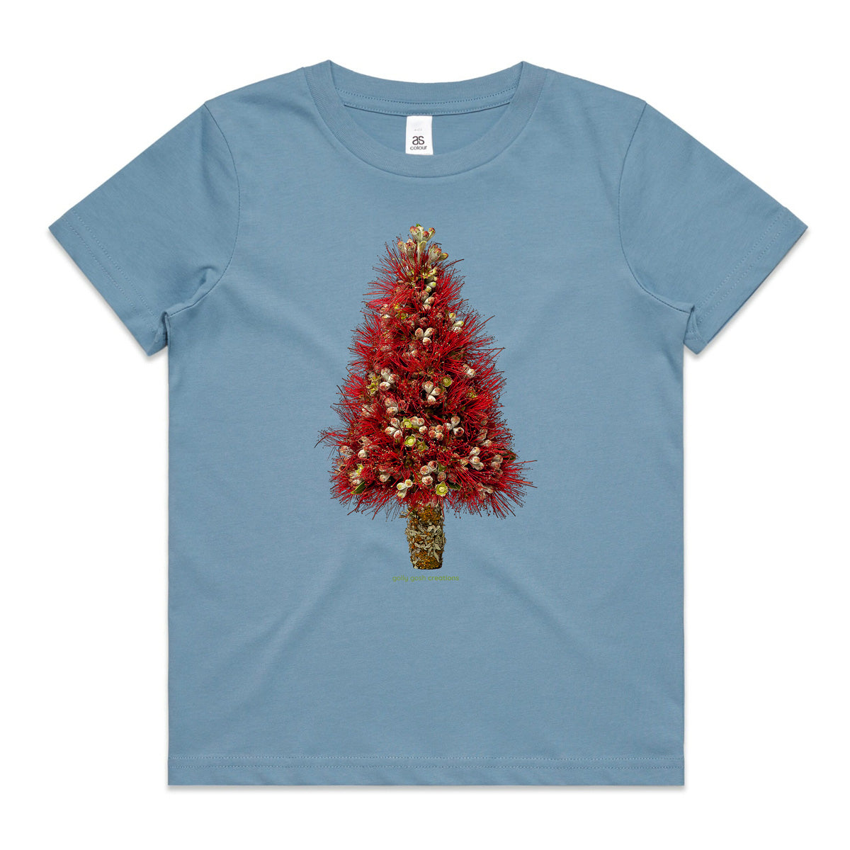 A soft blue Christmas pohutukawa tree kids tee shirt from Golly Gosh Creations. Size 2 - 16 years. Handcrafted from the iconic NZ tree. A quality cotton garment.