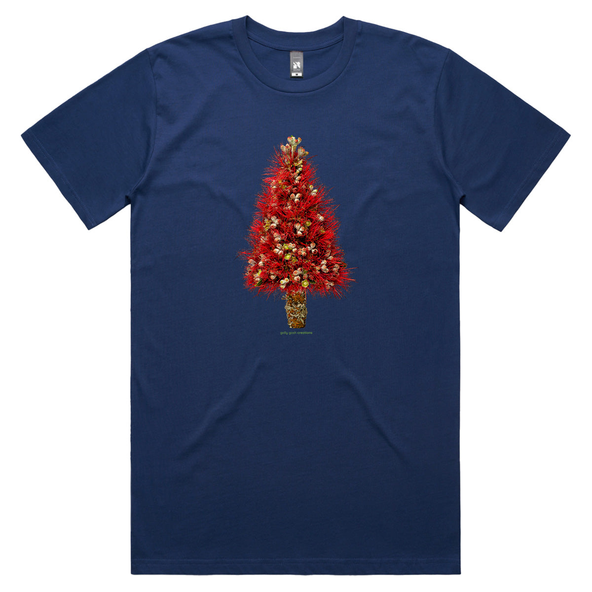 A Christmas pohutukawa dark blue men's tee shirt from Golly Gosh Creations. Handcrafted from the iconic NZ flowering tree. Sizes XS - 2XL. Quality cotton.