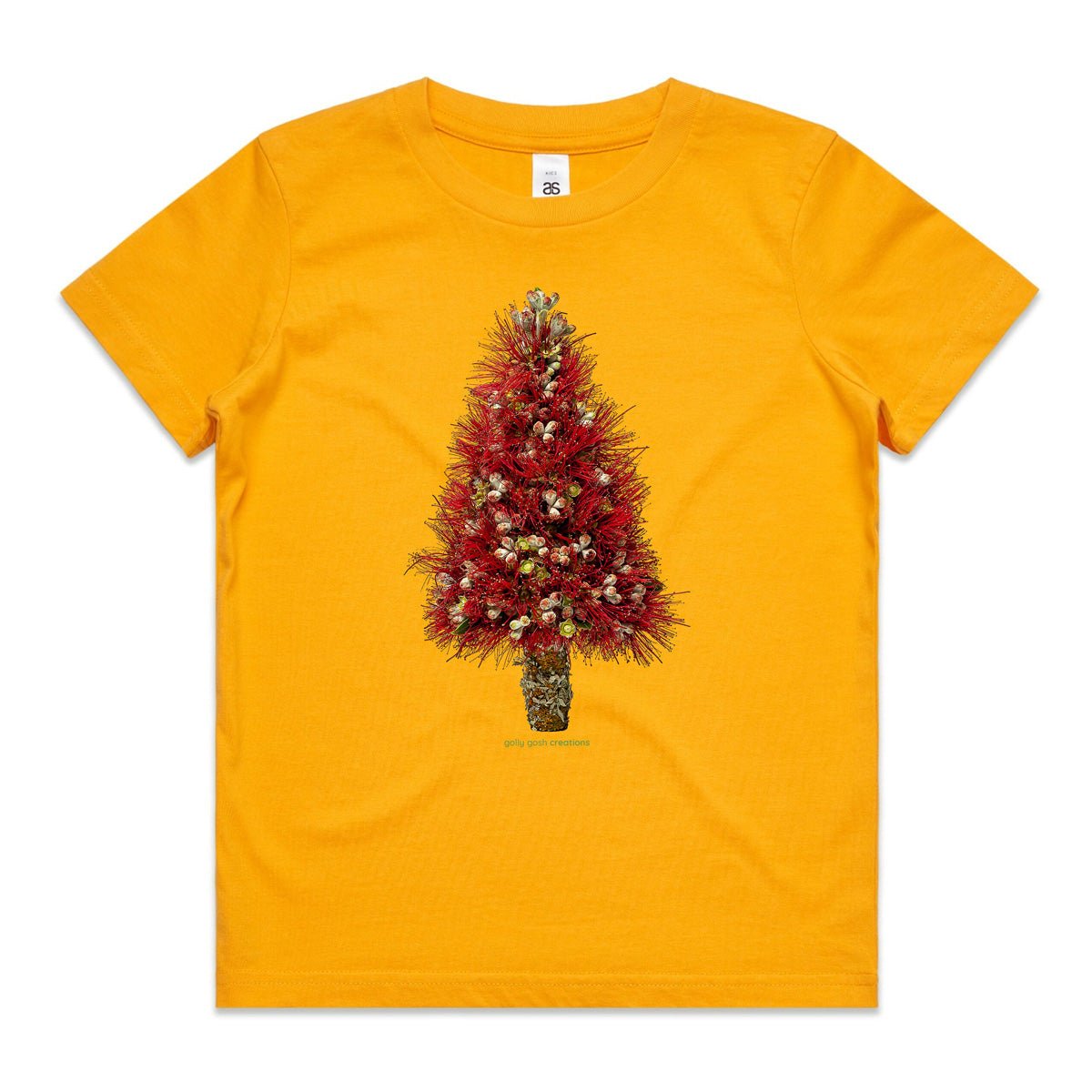A yellow Christmas pohutukawa tree kids tee shirt from Golly Gosh Creations. Size 2 - 16 years. Handcrafted from the iconic NZ tree. A quality cotton garment.