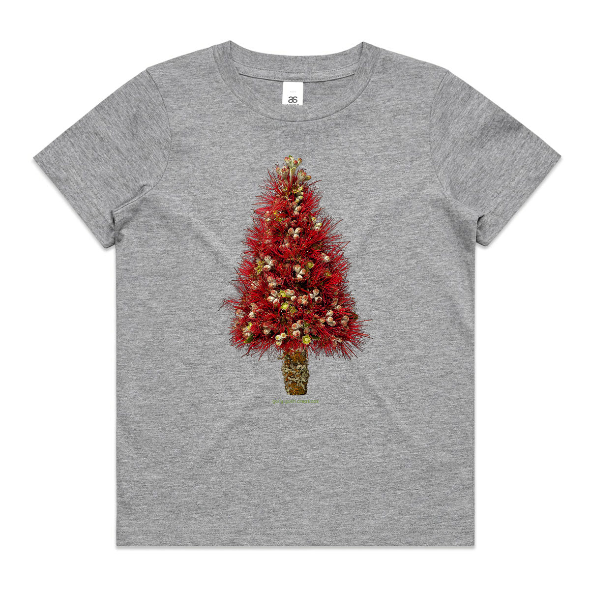 A grey Christmas pohutukawa tree kids tee shirt from Golly Gosh Creations. Size 2 - 16 years. Handcrafted from the iconic NZ tree. A quality cotton garment.