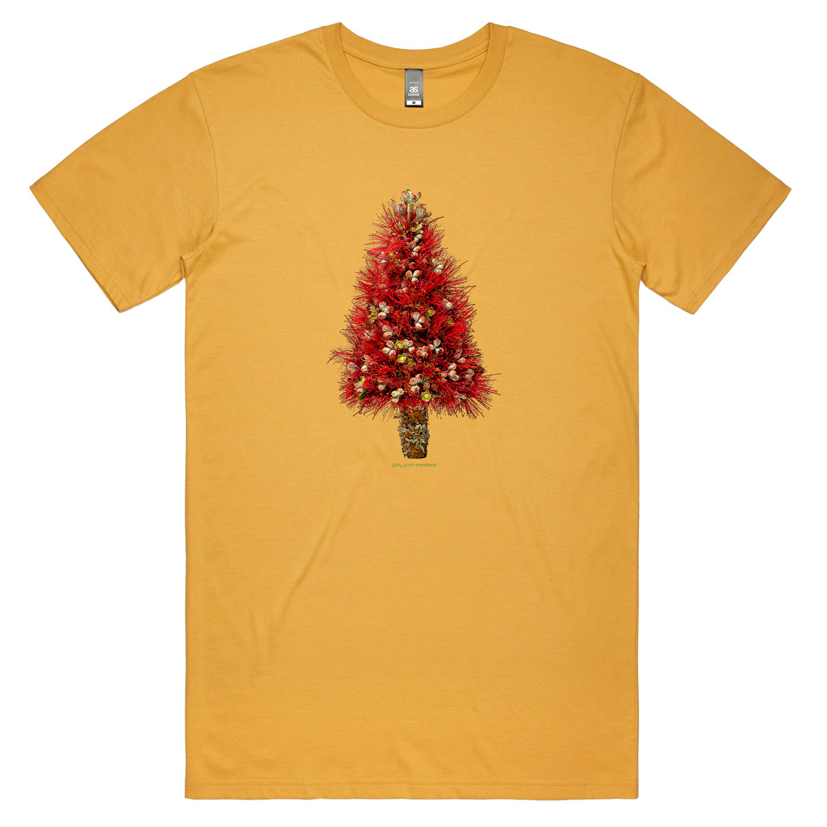 A Christmas pohutukawa mustard coloured men's tee shirt from Golly Gosh Creations. Handcrafted from the iconic NZ flowering tree. Sizes XS - 2XL. Quality cotton.