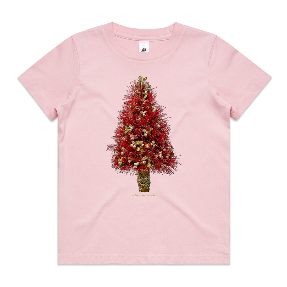 A soft pink Christmas pohutukawa tree kids tee shirt from Golly Gosh Creations. Size 2 - 16 years. Handcrafted from the iconic NZ tree. A quality cotton garment.
