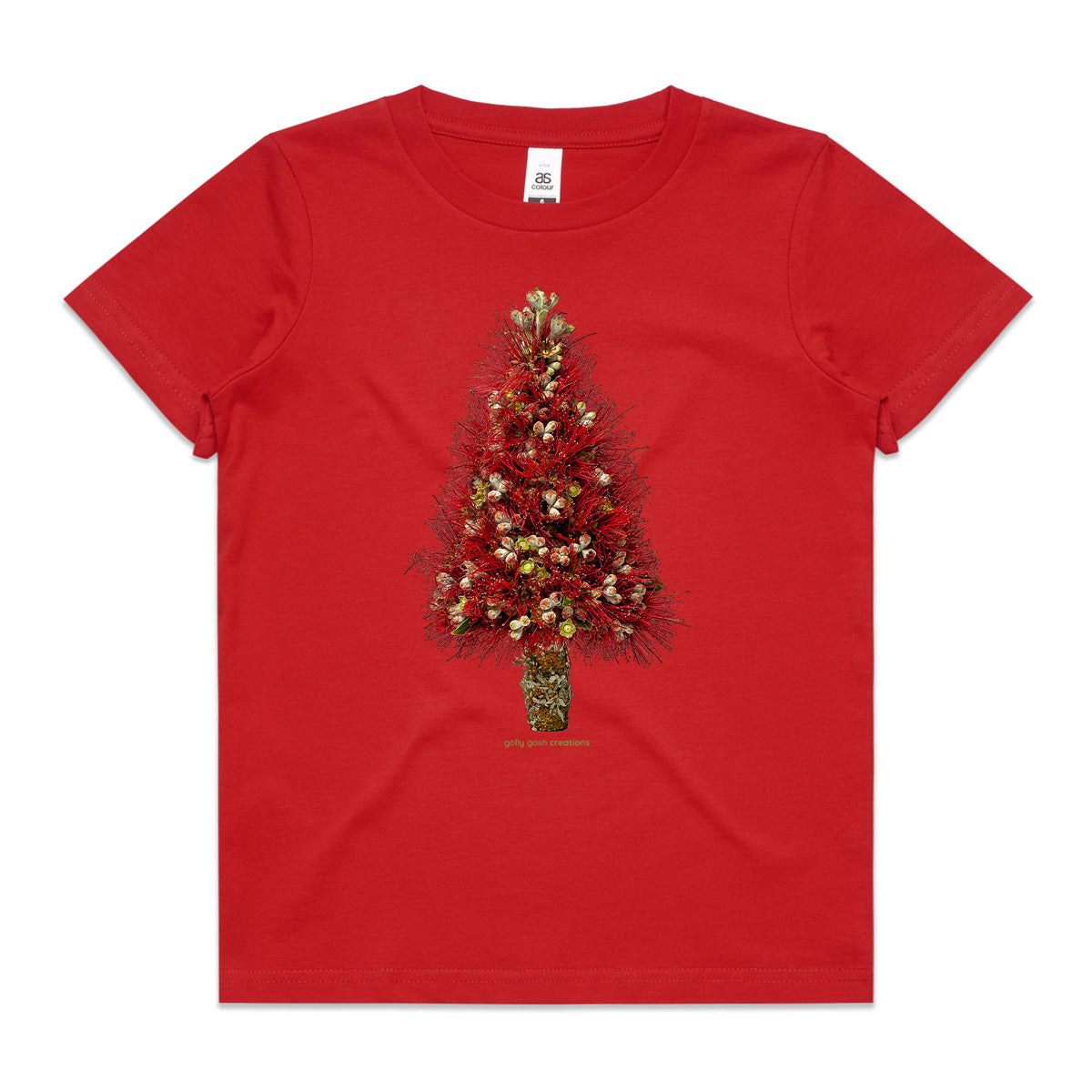 A red Christmas pohutukawa tree kids tee shirt from Golly Gosh Creations. Size 2 - 16 years. Handcrafted from the iconic NZ tree. A quality cotton garment.