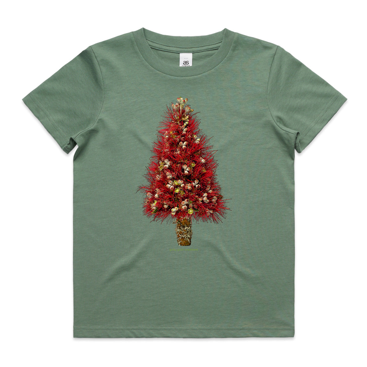 A sage Christmas pohutukawa tree kids tee shirt from Golly Gosh Creations. Size 2 - 16 years. Handcrafted from the iconic NZ tree. A quality cotton garment.