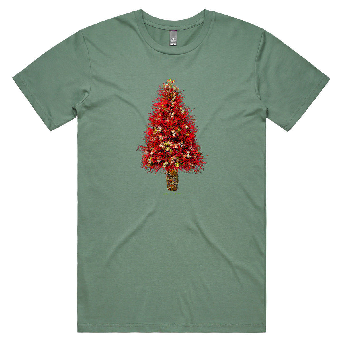 A Christmas pohutukawa sage coloured men's tee shirt from Golly Gosh Creations. Handcrafted from the iconic NZ flowering tree. Sizes XS - 2XL. Quality cotton.