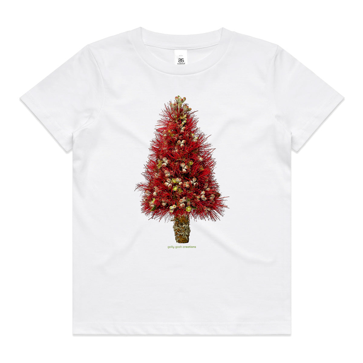 A white Christmas pohutukawa tree kids tee shirt from Golly Gosh Creations. Size 2 - 16 years. Handcrafted from the iconic NZ tree. A quality cotton garment.