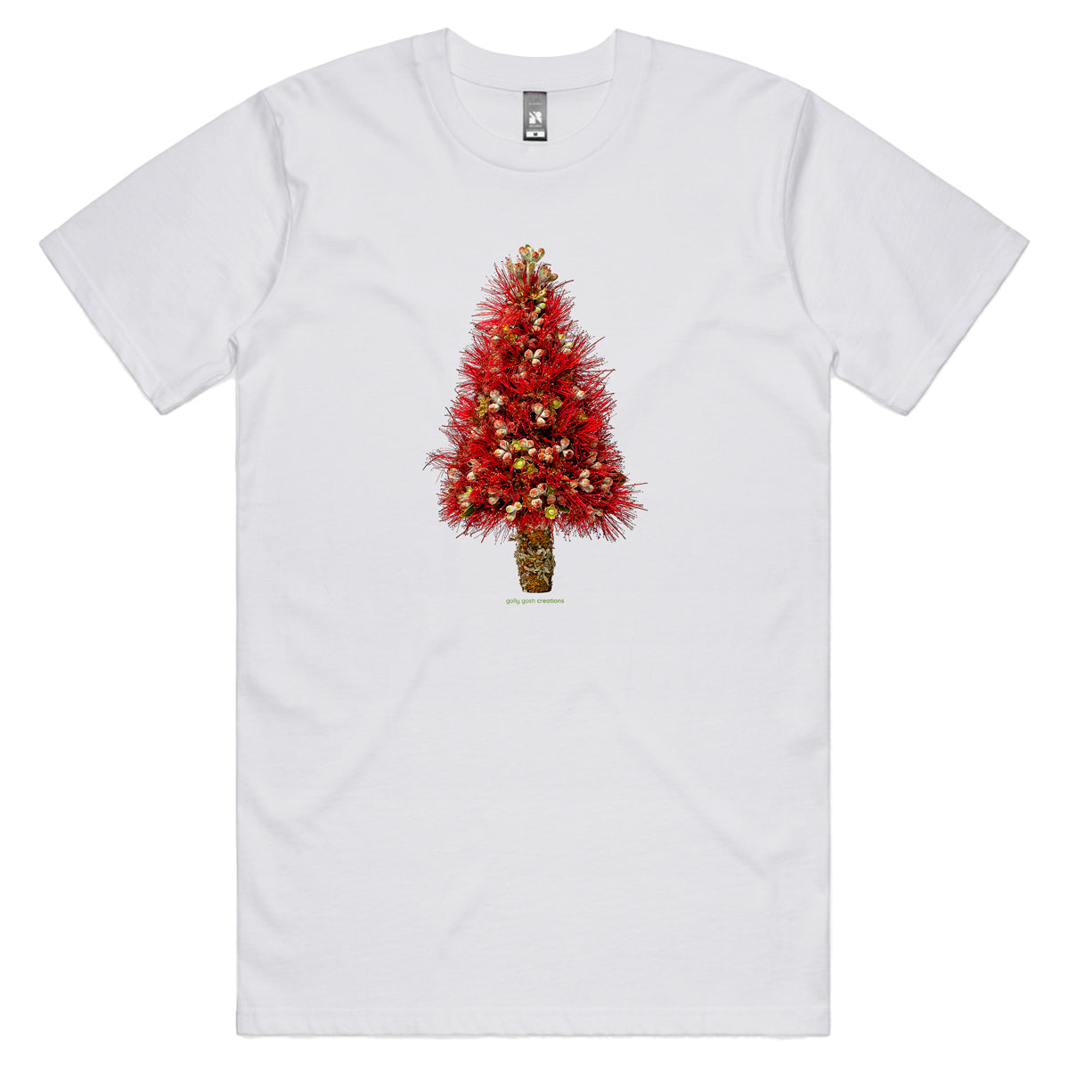 A Christmas pohutukawa white men's tee shirt from Golly Gosh Creations. Handcrafted from the iconic NZ flowering tree. Sizes XS - 2XL. Quality cotton.