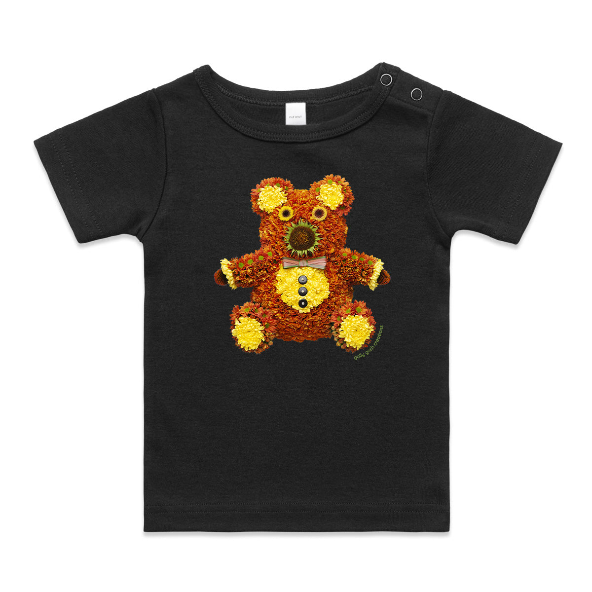 A chrysanthemum teddy bear wee tee from Golly Gosh Creations. This organic cotton garment comes in sizes 0 - 24 months. Colour black. Crafted from fresh flowers.