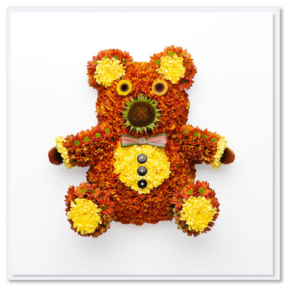 A cute chrysanthemum teddy bear card. Created from fresh dainty flowers. This quality square greeting card is found at Golly Gosh Creations. 