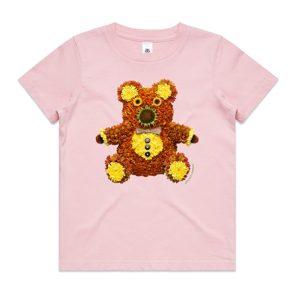 A chrysanthemum teddy bear soft pink kids tee shirt from Golly Gosh Creations. Size 2 - 16 years. Handcrafted from fresh flowers. A quality cotton garment.