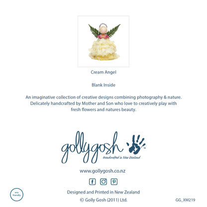 The back cover of a cream flower angel Christmas greeting card from Golly Gosh Creations. Created from fresh flowers on a white background.