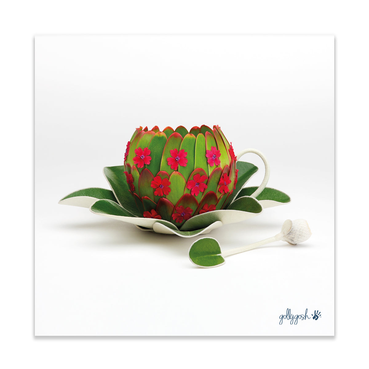 A cup, saucer and spoon fine art print from Golly Gosh Creations. Crafted from fresh flowers and leaves. Printed on quality white art paper. Three sizes available.