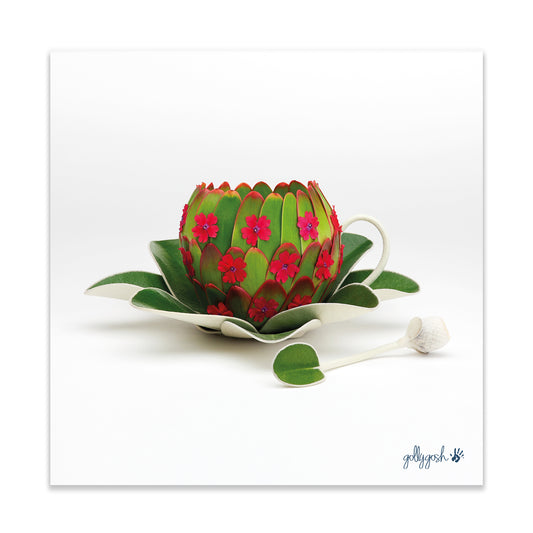 A cup, saucer and spoon fine art print from Golly Gosh Creations. Crafted from fresh flowers and leaves. Printed on quality white art paper. Three sizes available.