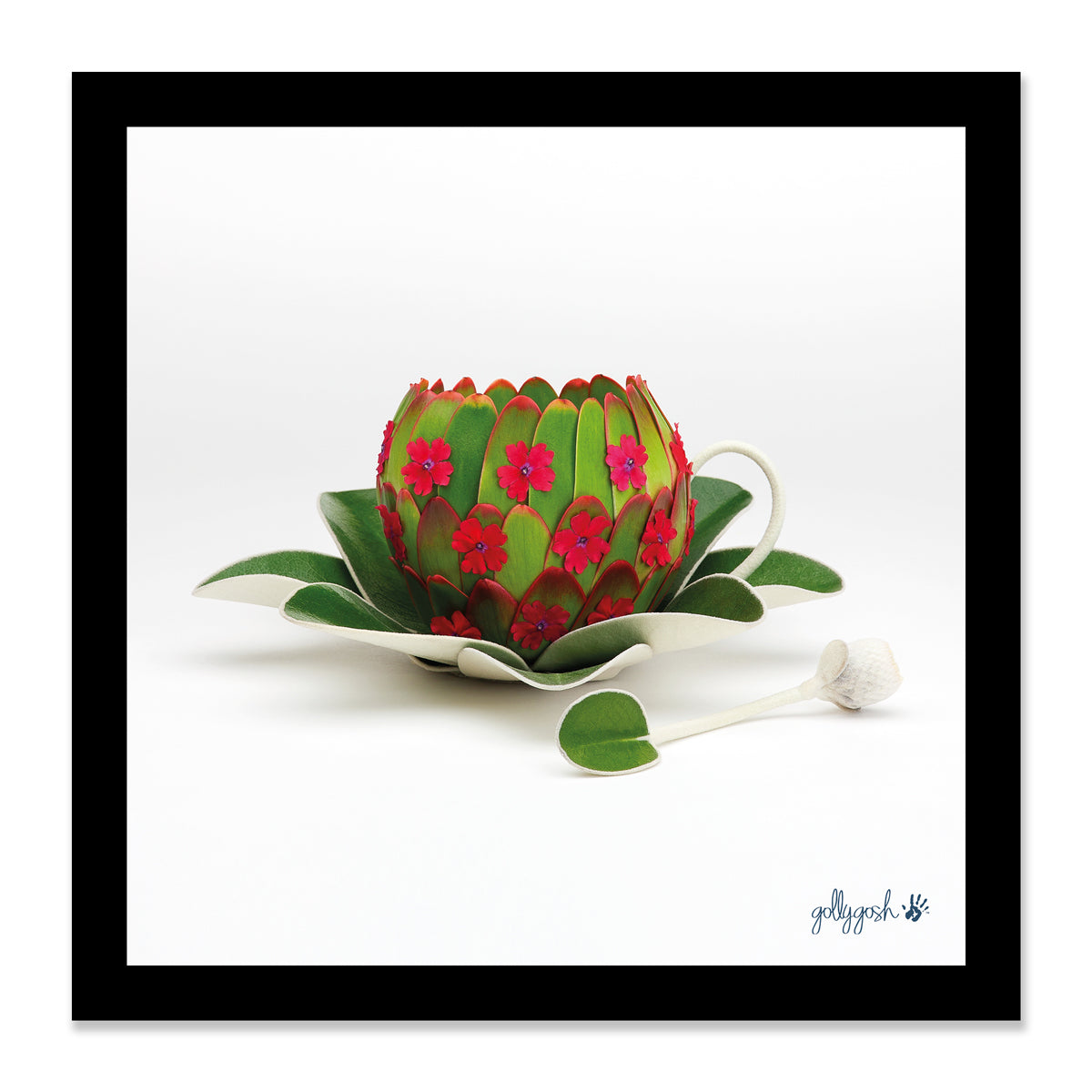 Mock up of a framed cup, saucer and spoon fine art print by Golly Gosh Creations. Three sizes available.ready for framing. 