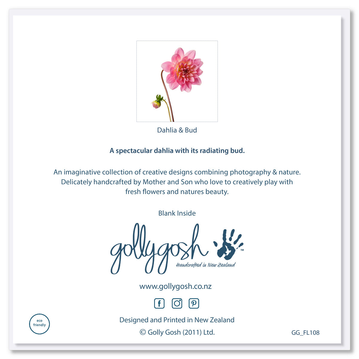 Back of a beautiful greeting card from Golly Gosh Creations. Featuring an exquisite pink dahlia head and it's bud. Size 142 x 142 mm