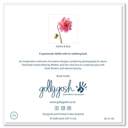 Back of a beautiful greeting card from Golly Gosh Creations. Featuring an exquisite pink dahlia head and it's bud. Size 142 x 142 mm