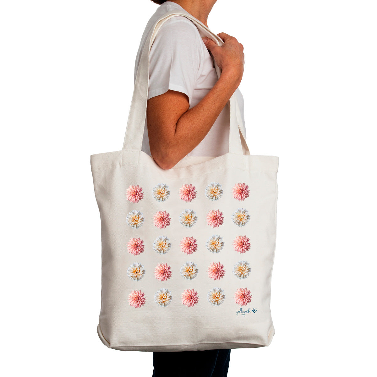 This strong cotton canvas tote bag features 9 cream and pink dahlias by Golly Gosh Creations.