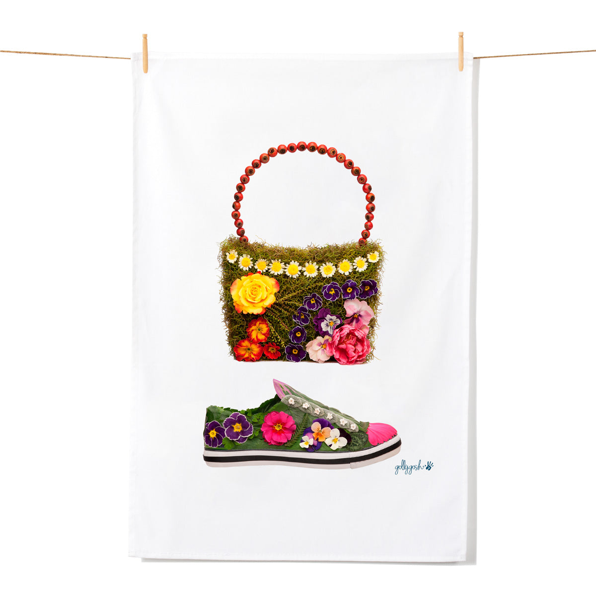 Floral-themed handbag and sneaker on a white background