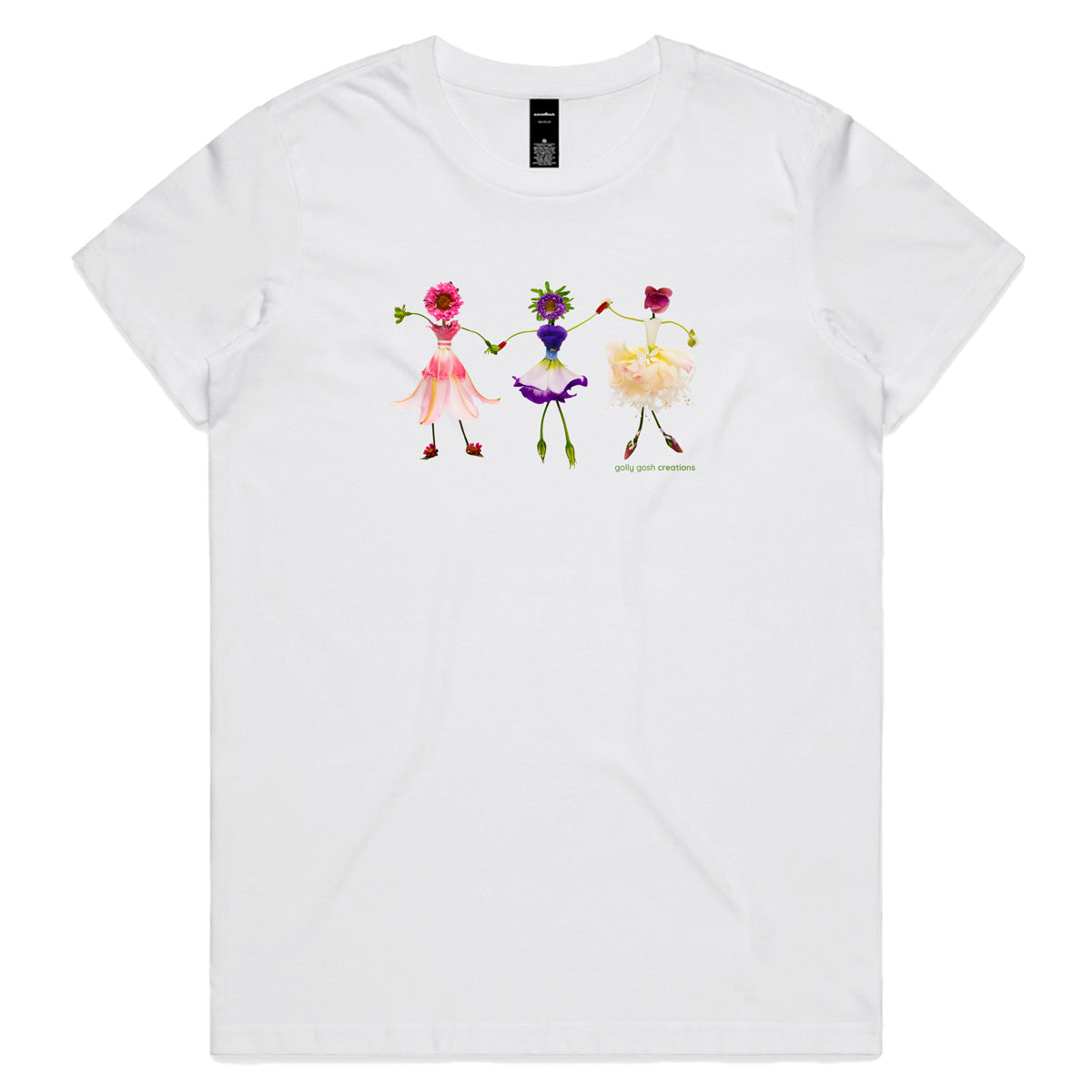 A dancing girls white woman's tee shirt from Golly Gosh Creations. Sizes XS - 2XL. Created from dainty fresh flowers. Quality cotton.