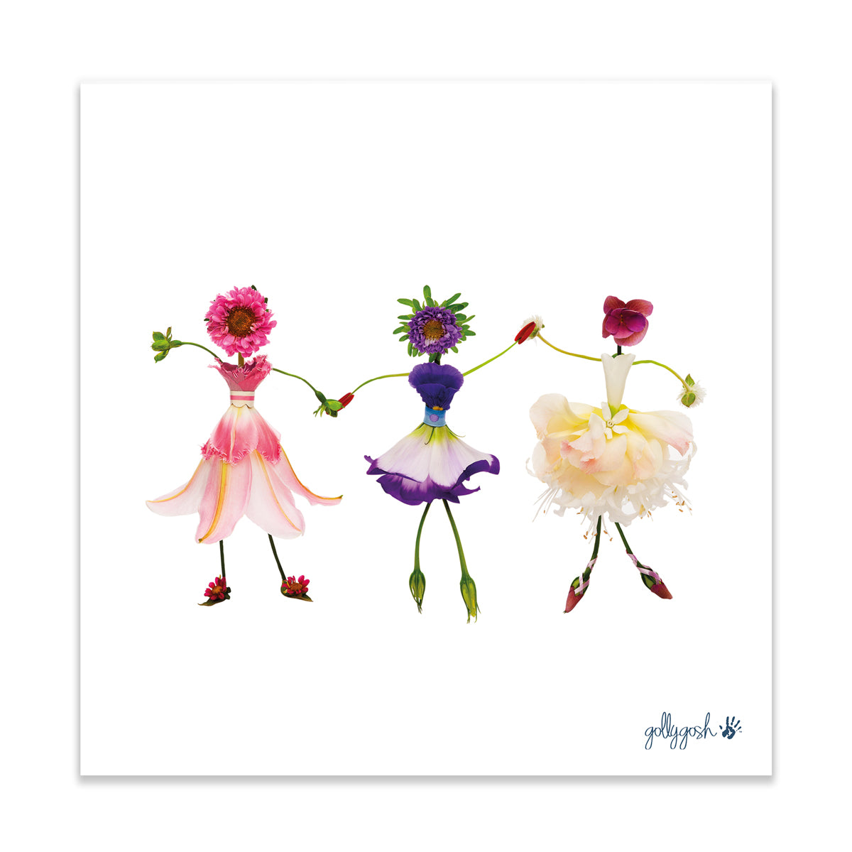 A dainty dancing girls fine art print  created from fresh flowers. Found Golly Gosh Creations. Printed on quality white art paper. Three sizes to choose from.