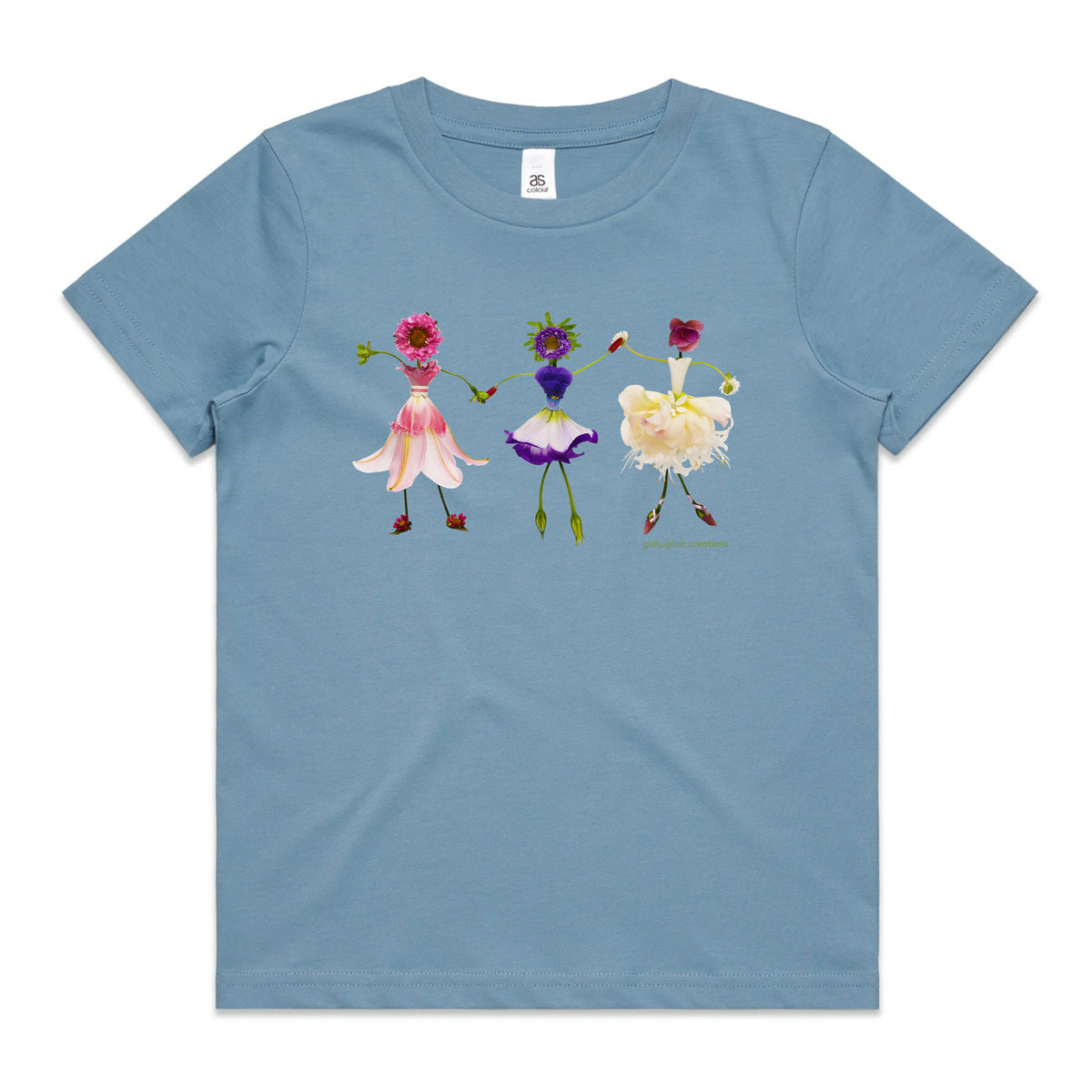A dancing girls soft blue kids tee shirt from Golly Gosh Creations. Size 2 - 16 years. Handcrafted from fresh dainty flowers. A quality cotton garment.