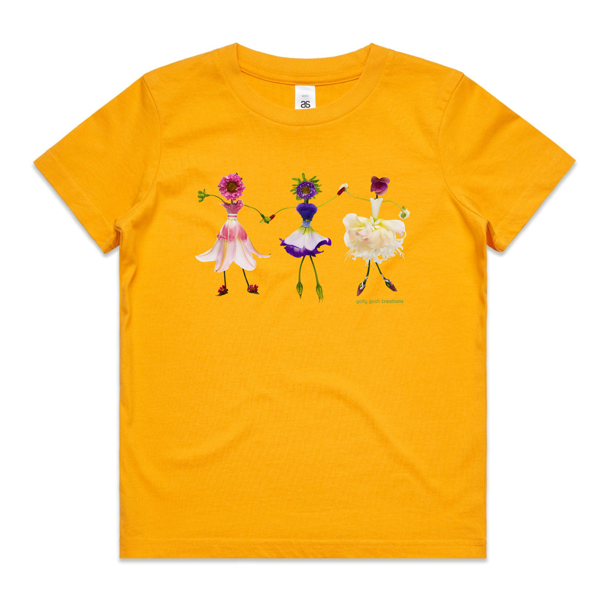 A dancing girls yellow kids tee shirt from Golly Gosh Creations. Size 2 - 16 years. Handcrafted from fresh dainty flowers. A quality cotton garment.
