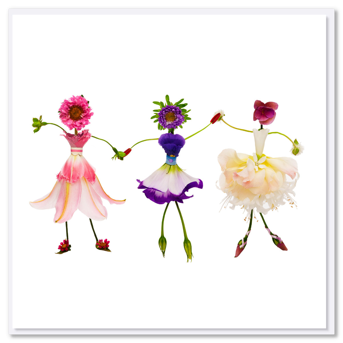 A charming dancing girls greeting card found at Golly Gosh Creations. Graceful ballerinas crafted from fresh delicate blossoms A quality square card.