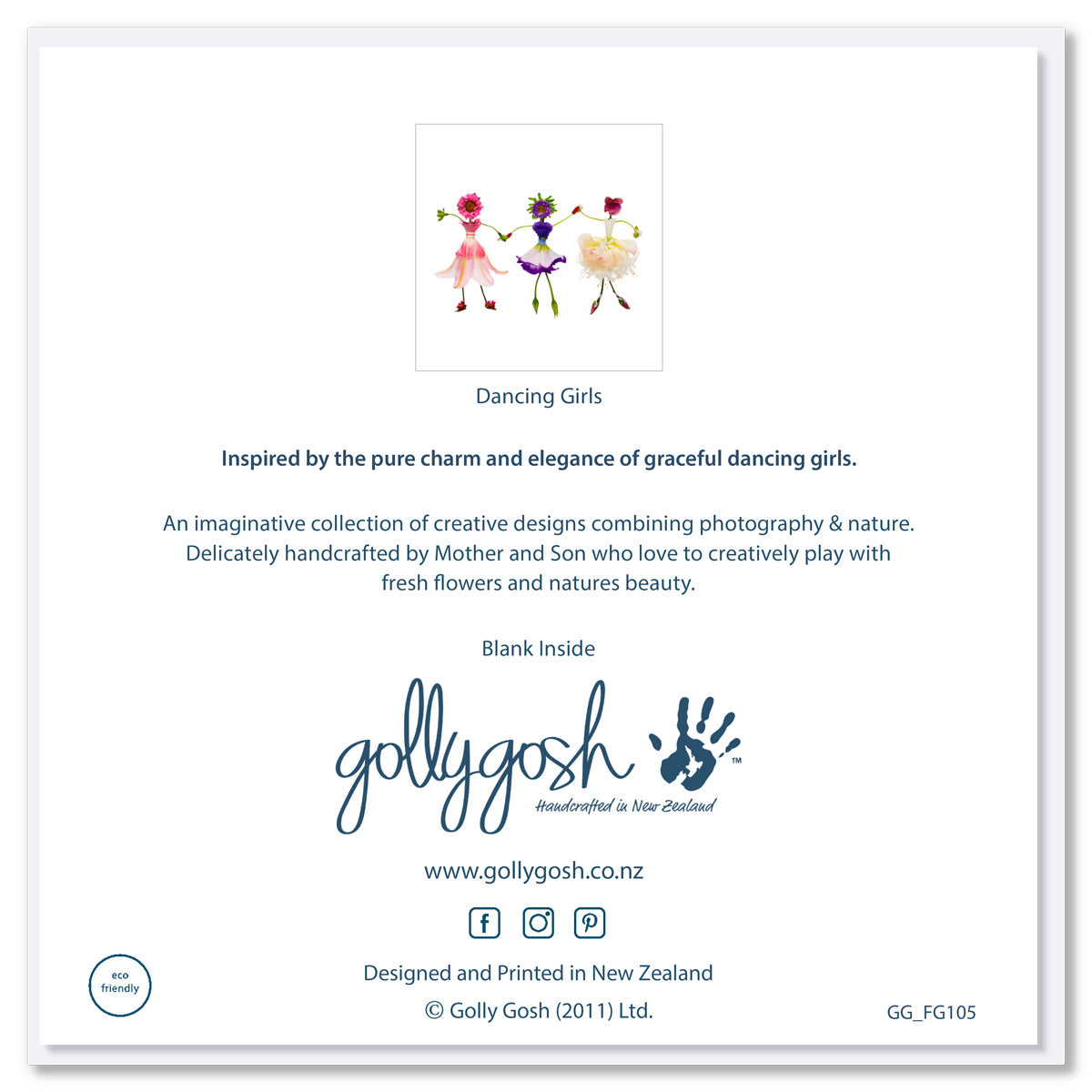 Back of a charming dancing girls greeting card found at Golly Gosh Creations. Graceful ballerinas crafted from fresh delicate blossoms A quality square card.