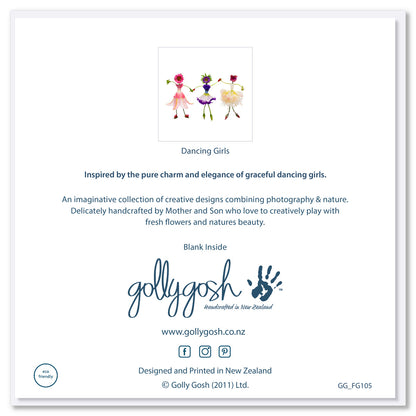 Back of a charming dancing girls greeting card found at Golly Gosh Creations. Graceful ballerinas crafted from fresh delicate blossoms A quality square card.