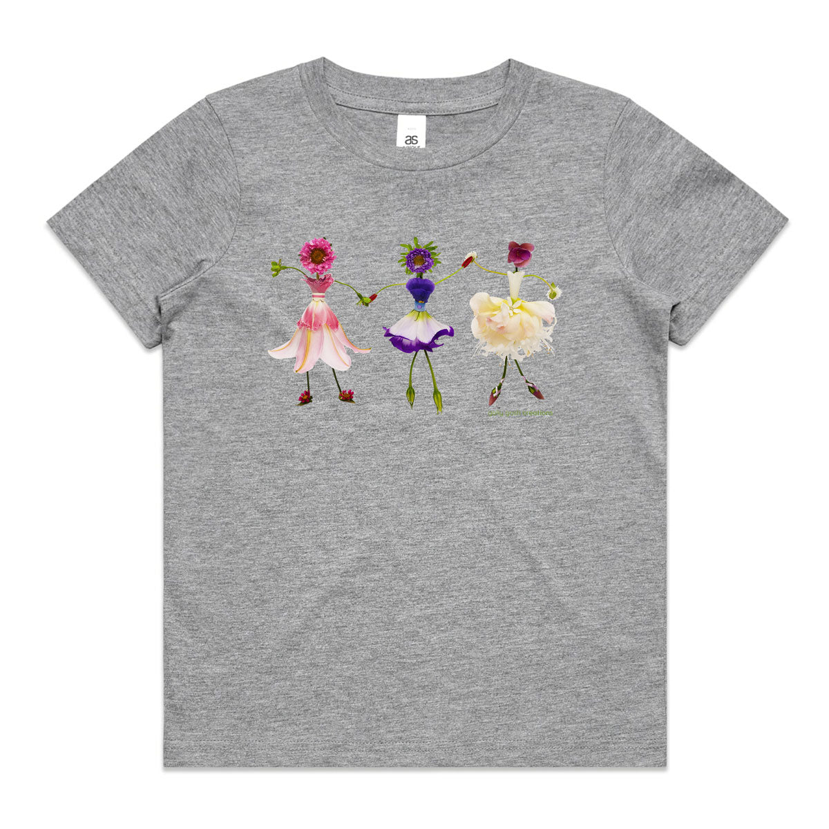 A dancing girls grey kids tee shirt from Golly Gosh Creations. Size 2 - 16 years. Handcrafted from fresh dainty flowers. A quality cotton garment.