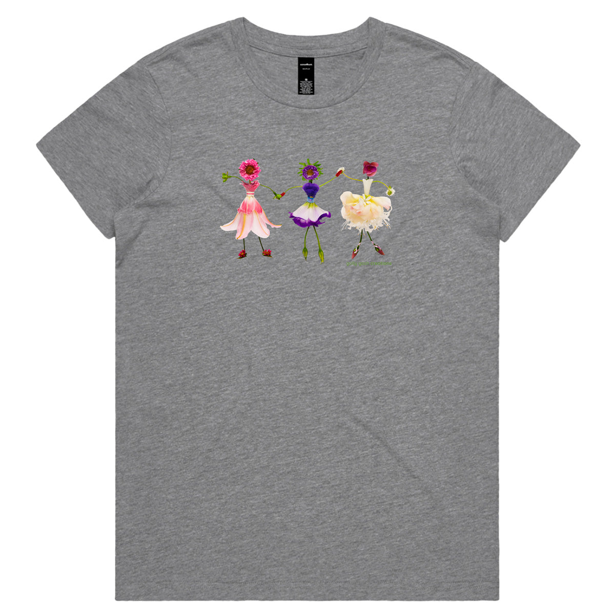 A dancing girls grey woman's tee shirt from Golly Gosh Creations. Sizes XS - 2XL. Created from dainty fresh flowers. Quality cotton.