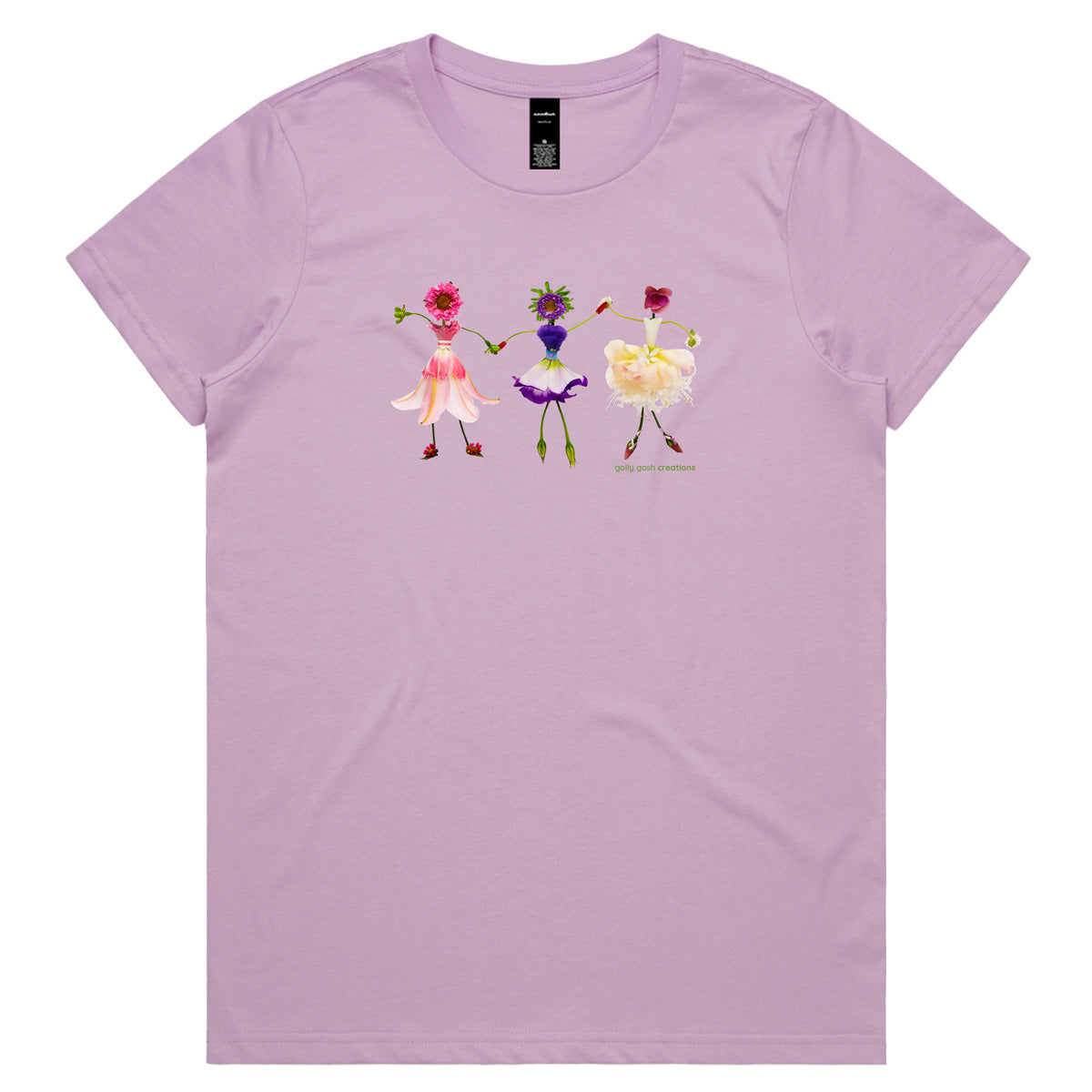 A dancing girls lavender woman's tee shirt from Golly Gosh Creations. Sizes XS - 2XL. Created from dainty fresh flowers. Quality cotton.