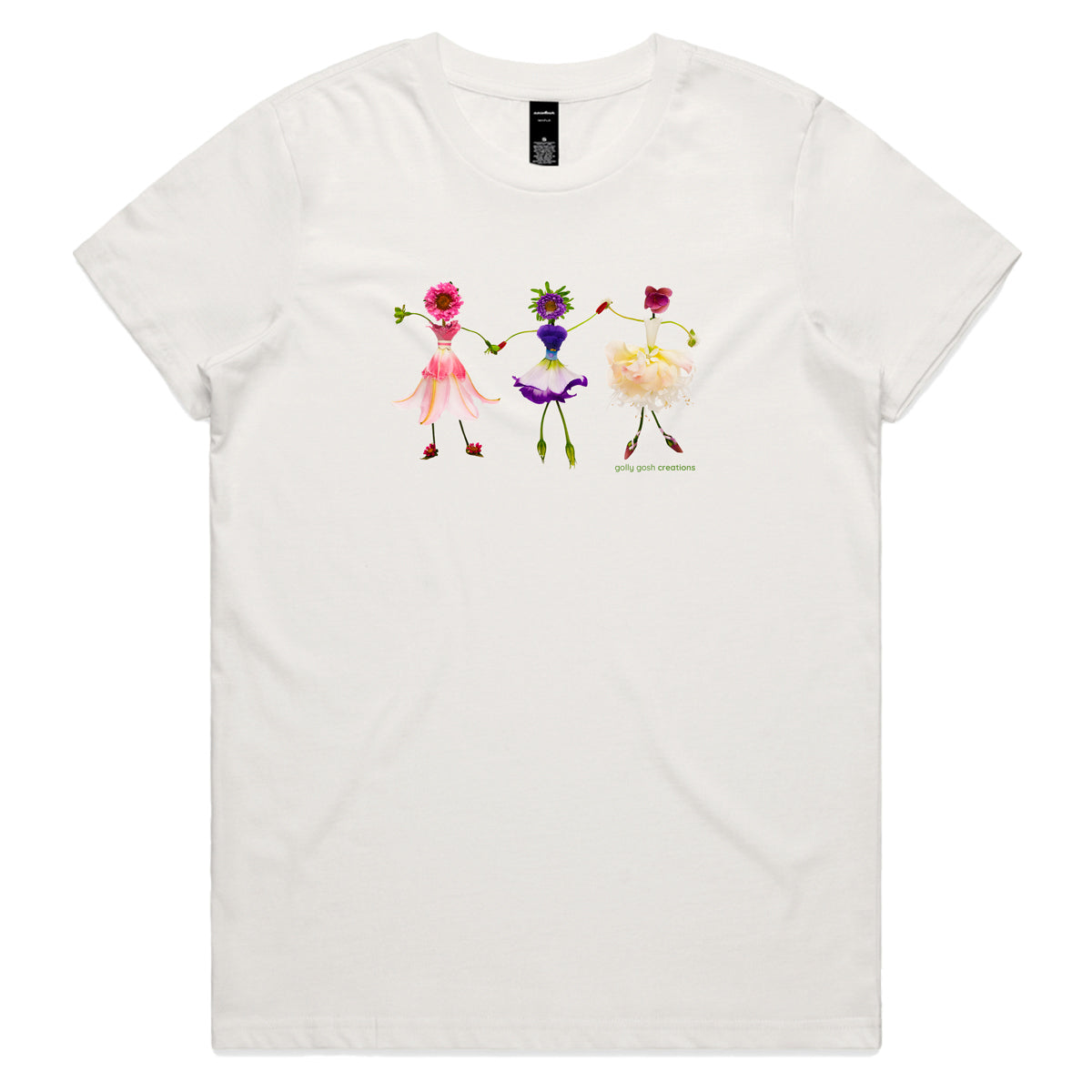 A dancing girls natural woman's tee shirt from Golly Gosh Creations. Sizes XS - 2XL. Created from dainty fresh flowers. Quality cotton.